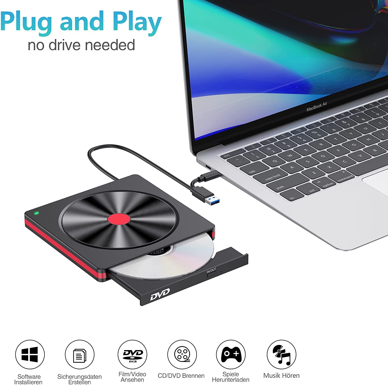 External CD DVD Drive,USB 3.0 Type C Portable CD/DVD +/RW Drive,DVD/CD