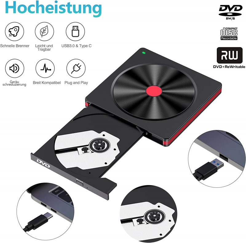 External CD DVD Drive,USB 3.0 Type C Portable CD/DVD +/RW Drive,DVD/CD