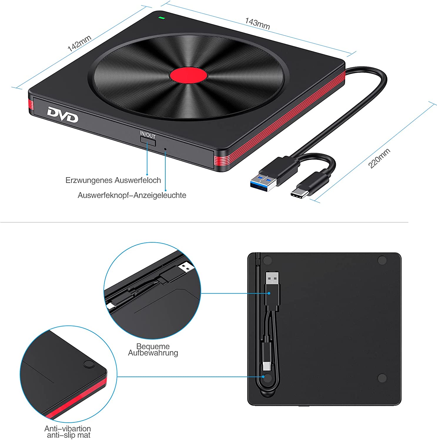 External CD DVD Drive,USB 3.0 Type C Portable CD/DVD +/RW Drive,DVD/CD